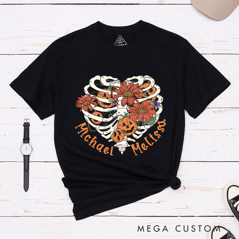 Personalized Heart Skull Pumpkin Couple Halloween T-Shirt 