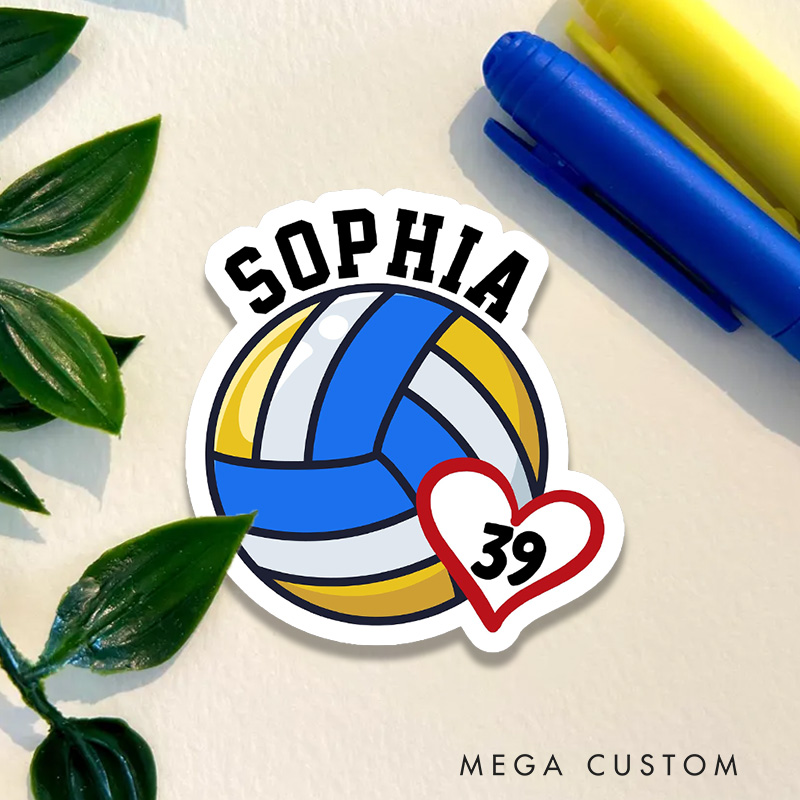 Personalized Volleyball Heart Sticker with Custom Player Name and Number for Athlete Sticker