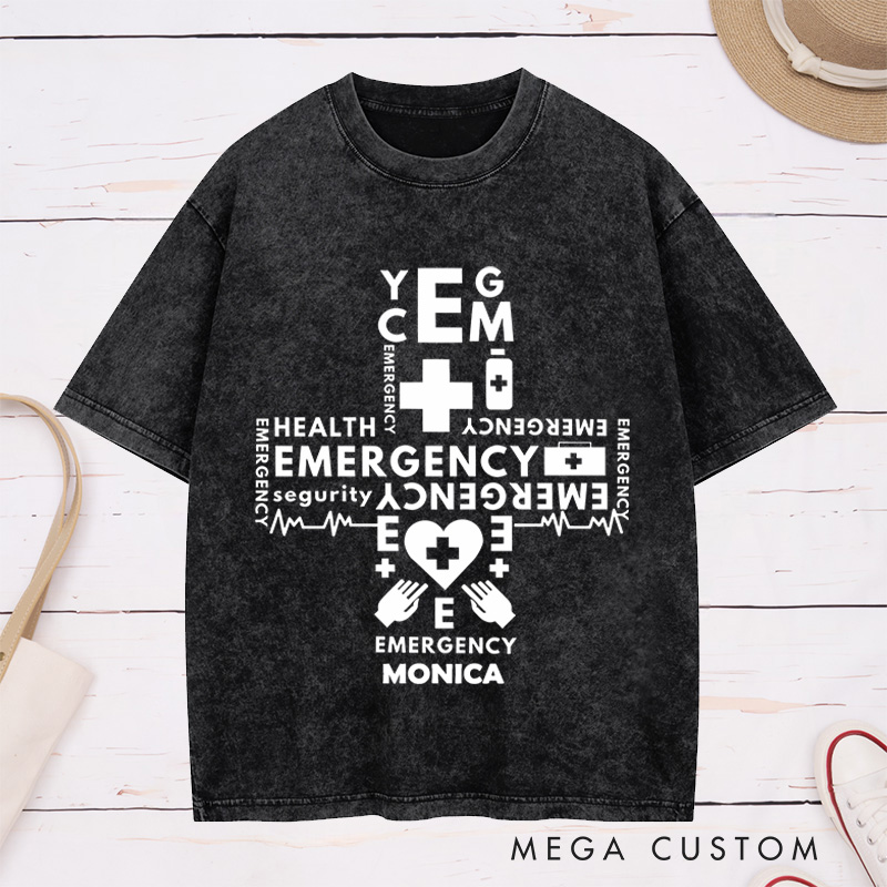 Personalized Nurse Washed T-Shirt Customized Emergency Cross Design Washed T-Shirt 