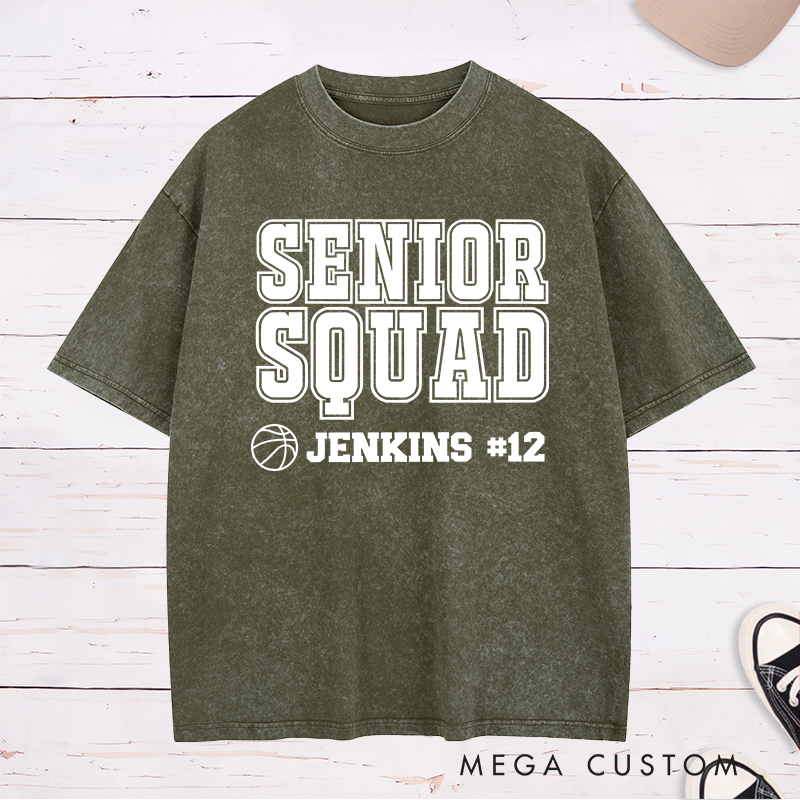 Personalized Washed T-Shirt Design Featuring "Senior Squad" Basketball Graphic with Customizable Name and Number for a Bold and Team-Spirited Look