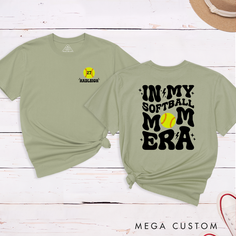 Personalized Softball Mom T-Shirt Design Featuring Bold Retro Text Custom Player Number and Name with Softball Graphic