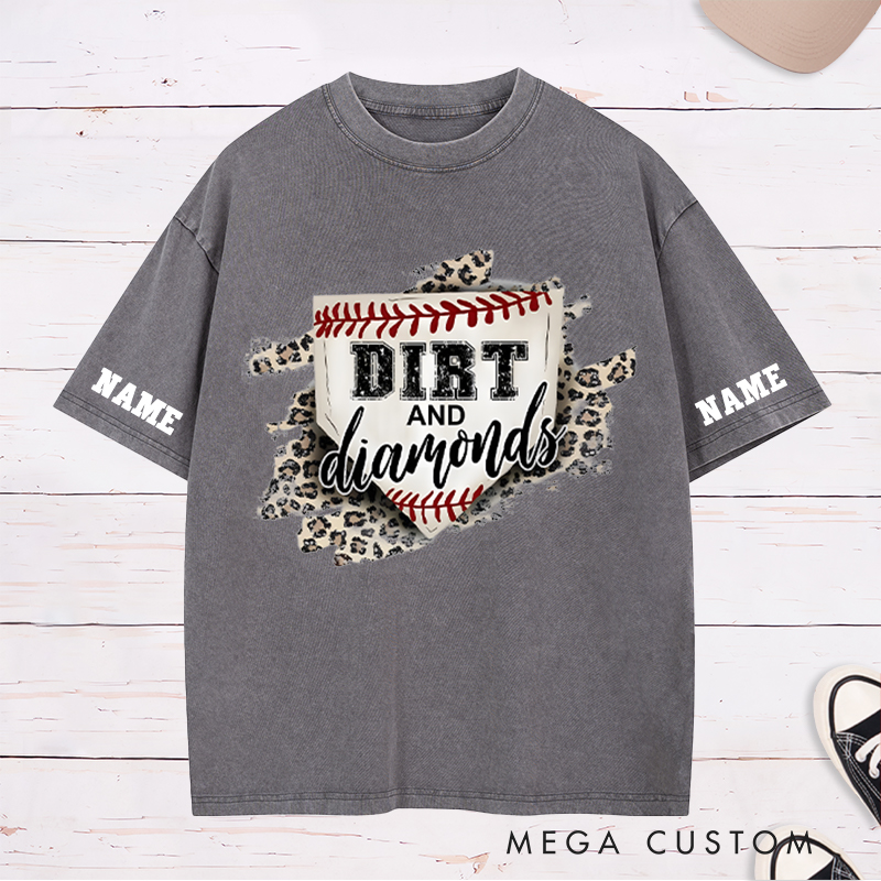 Personalized "Dirt and Diamonds" Baseball Washed T-Shirt with Custom Name and Number