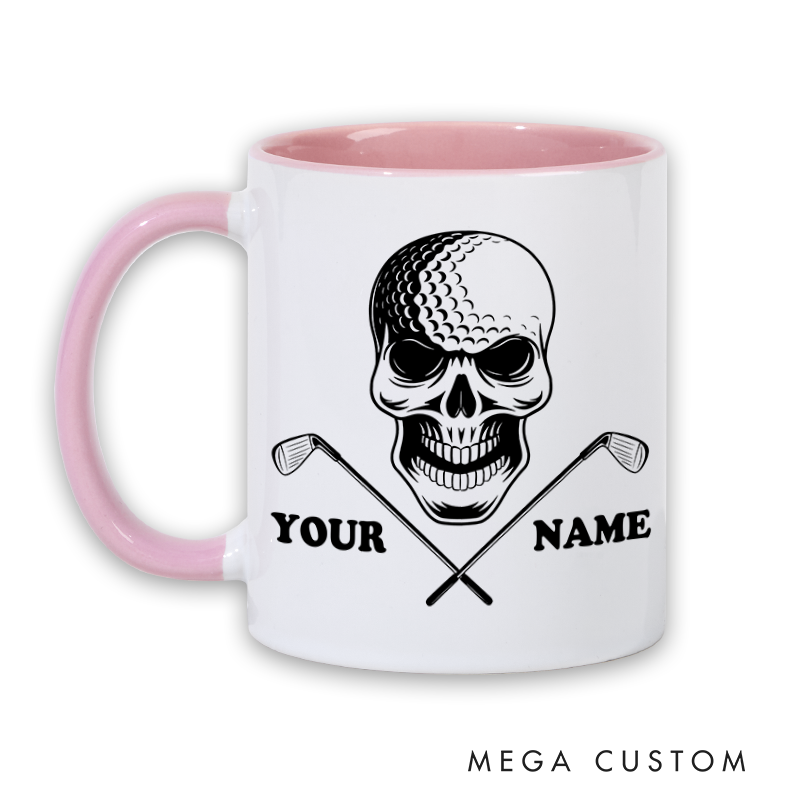Personalized Skull Golf Mug with Custom Name and Crossed Clubs Design Perfect Gift for Golf Enthusiasts