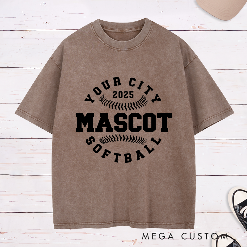 Personalized Softball Team Washed T-Shirt Design Featuring Custom City Name Team Name Baseball Stitch Graphics and Custom Year Highlight