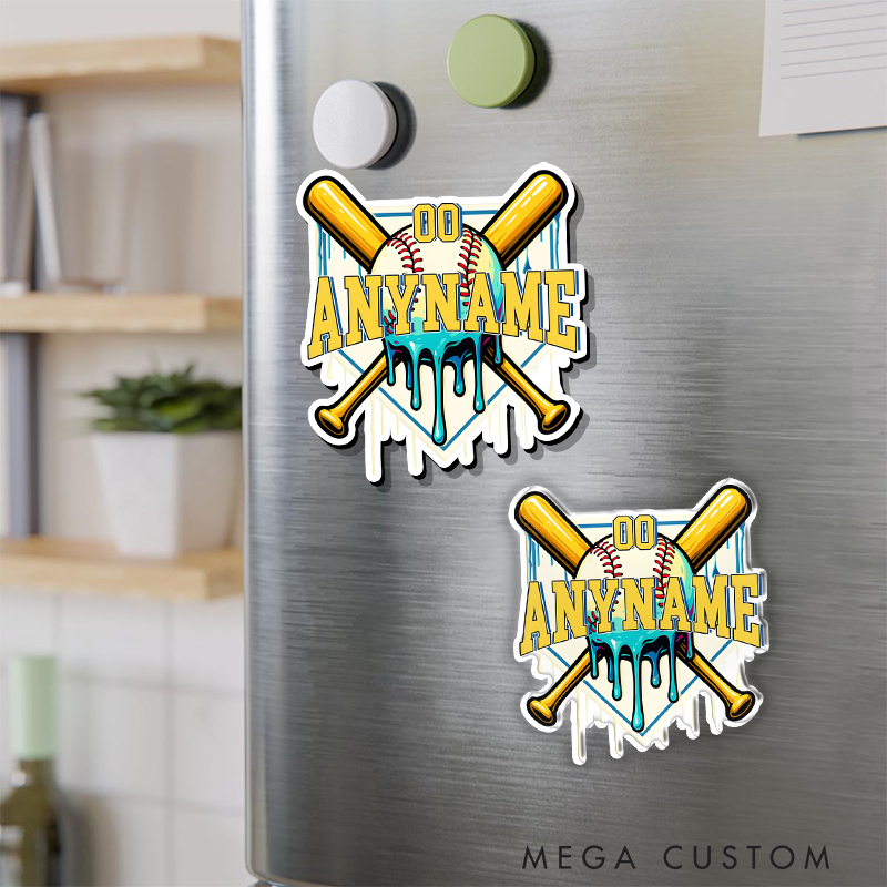 Personalized Baseball Refrigerator Magnet with Custom Name Number Dripping Effect Crossed Bats and Home Plate Design