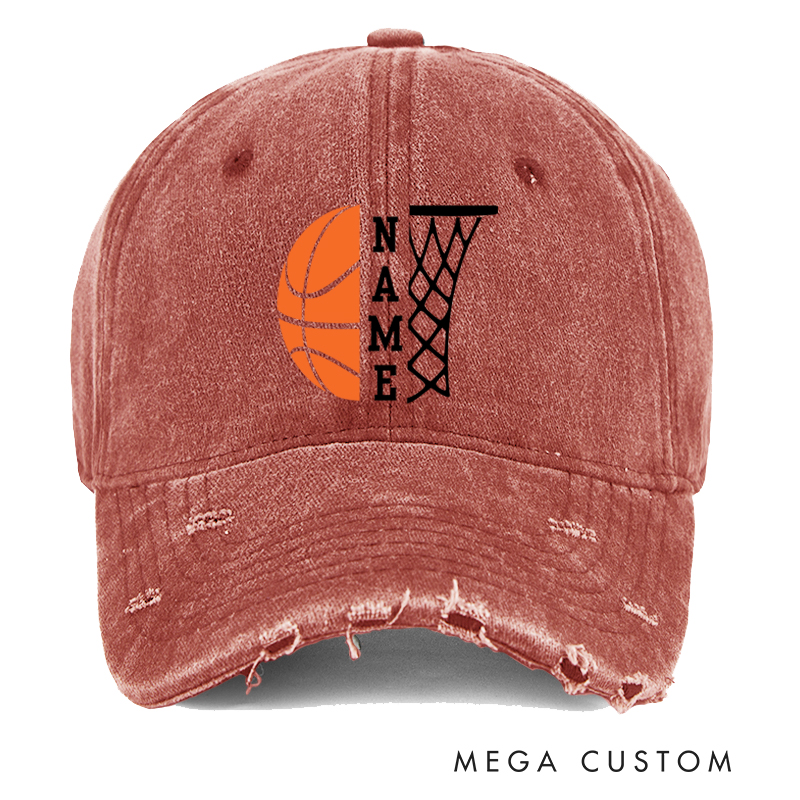 Personalized Distressed Denim Basketball Cap with Custom Name Basketball Graphic and Hoop Design