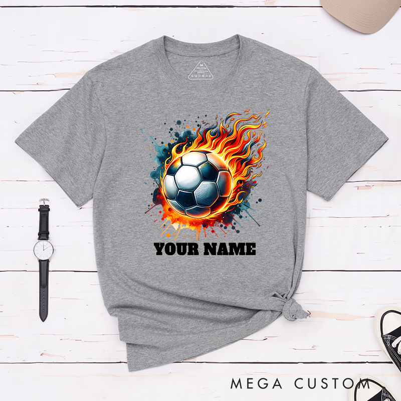 Personalized Flaming Soccer Ball T-Shirt with Custom Name  