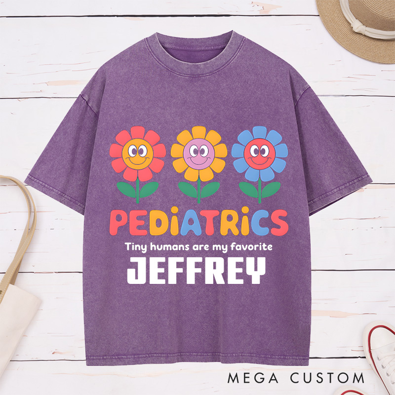 Personalized Nurse Washed T-Shirt Customized Pediatrics Tiny Humans Are My Favorite Design Washed T-Shirt 