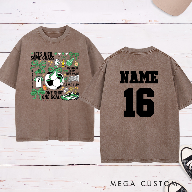 Personalized Soccer Washed T-Shirt with Fun "Let's Kick Some Grass" Design and Custom Name and Number