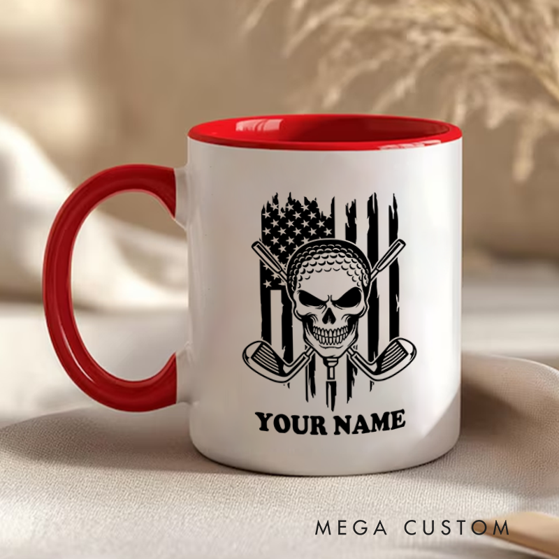 Personalized Skull Golf Mug with Custom Name and American Flag Design Unique Gift for Golf Lovers