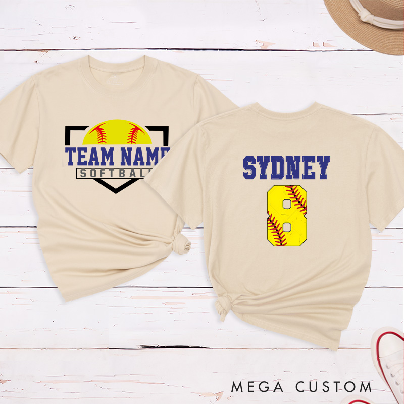 Personalized Softball T-Shirt Design Featuring Custom Team Name on the Front and Player Name with Jersey Number on the Back
