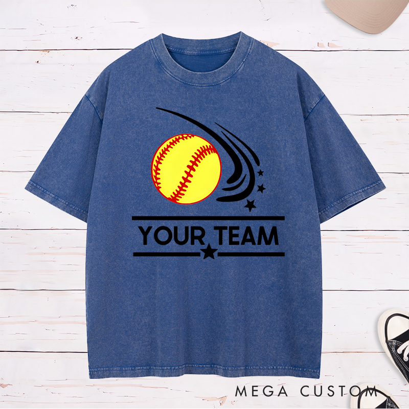 Personalized Softball Team Washed T-Shirt Design Featuring Customizable Team Name Dynamic Softball Motion Graphic and Star Accents
