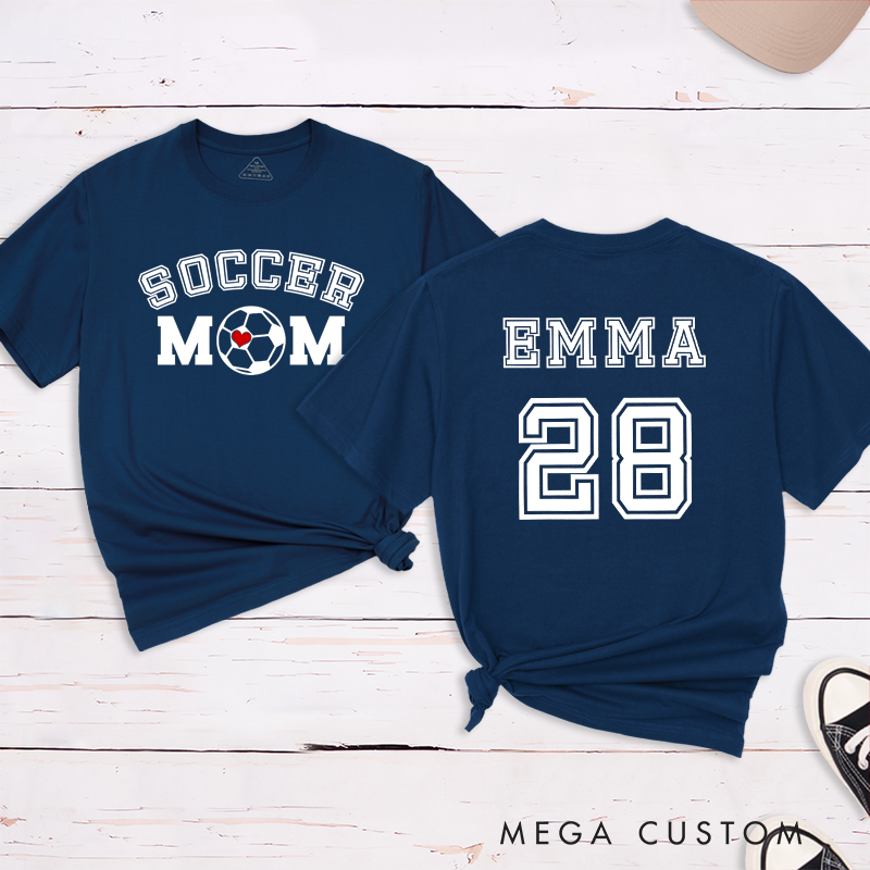 Personalized Soccer Mom T-Shirt with Custom Name, Number, and Bold Graphic Design