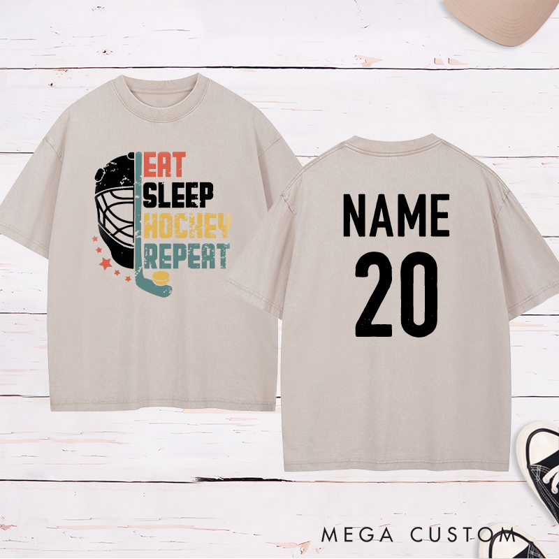 Personalized "Eat, Sleep, Hockey, Repeat" Washed T-Shirt with Custom Name and Number