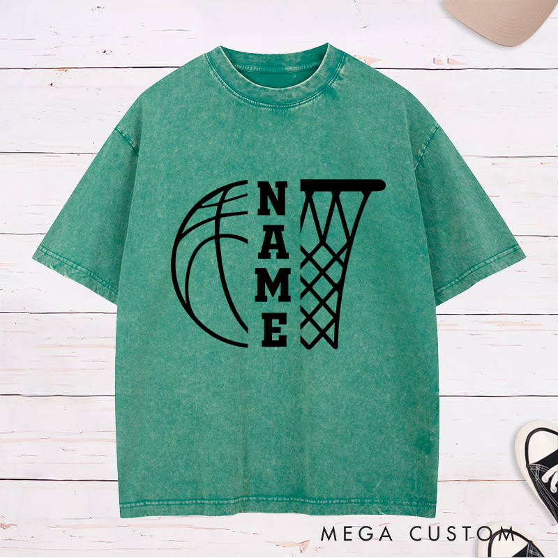 Personalized Washed T-Shirt Design Featuring a Basketball and Hoop Graphic with Customizable Vertical Name