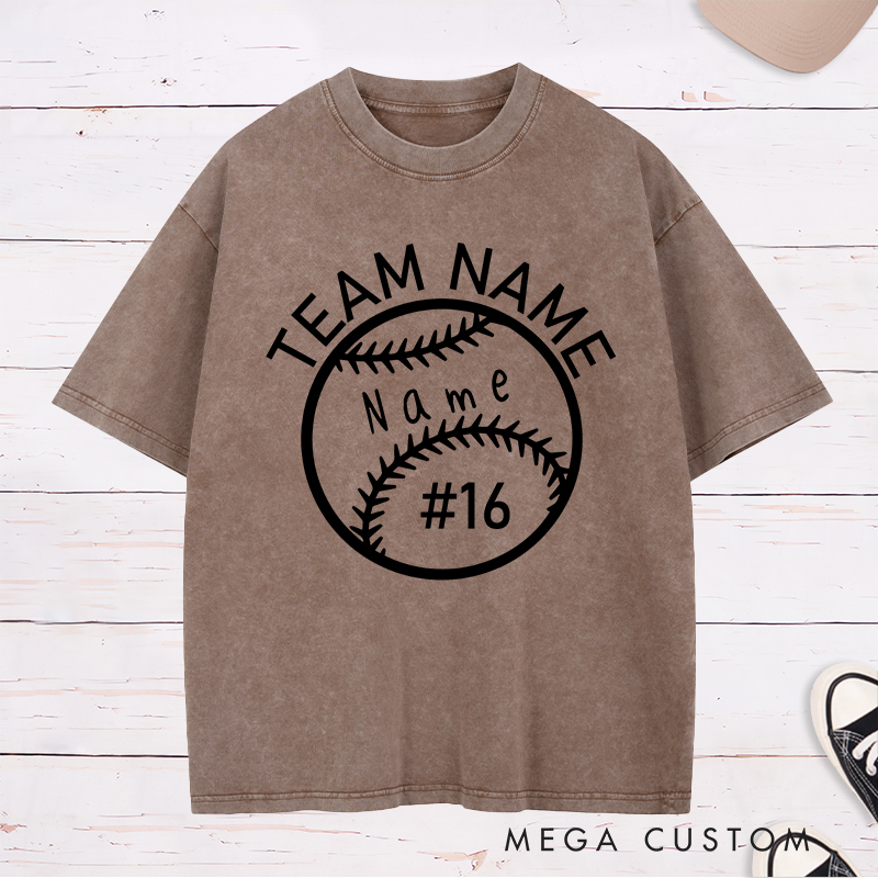 Personalized Softball Washed T-Shirt Design Featuring Custom Team Name Player Name and Jersey Number Inside a Bold Softball Graphic