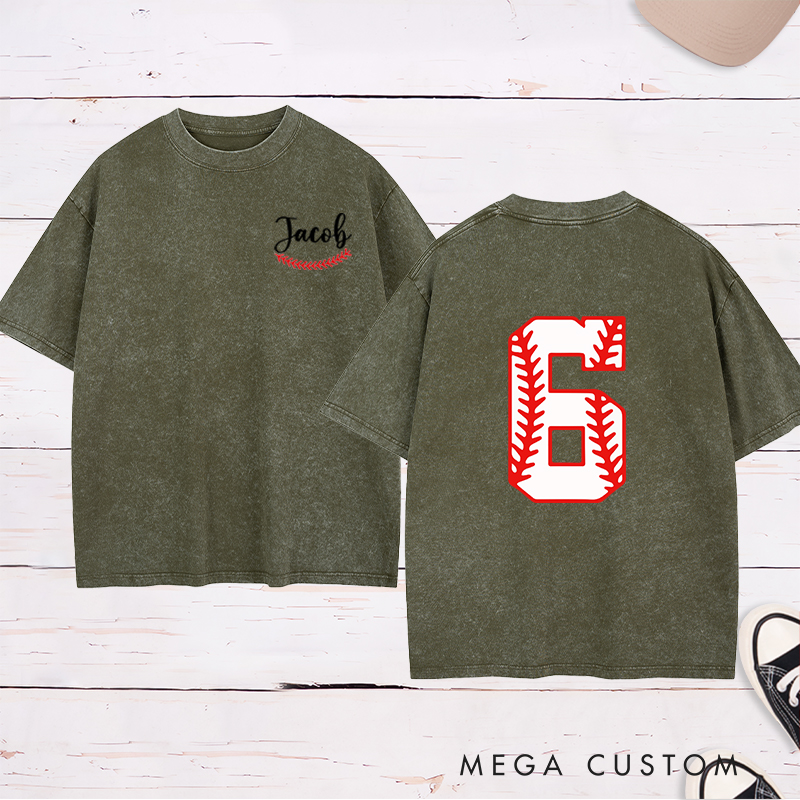 Personalized Sports Washed T-Shirt with Custom Name and Unique Baseball Stitch Number Design