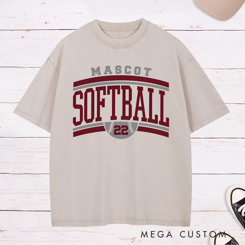 Personalized Softball Team Washed T-Shirt Design Featuring Custom Team Name Bold Typography and Customizable Jersey Number Integration