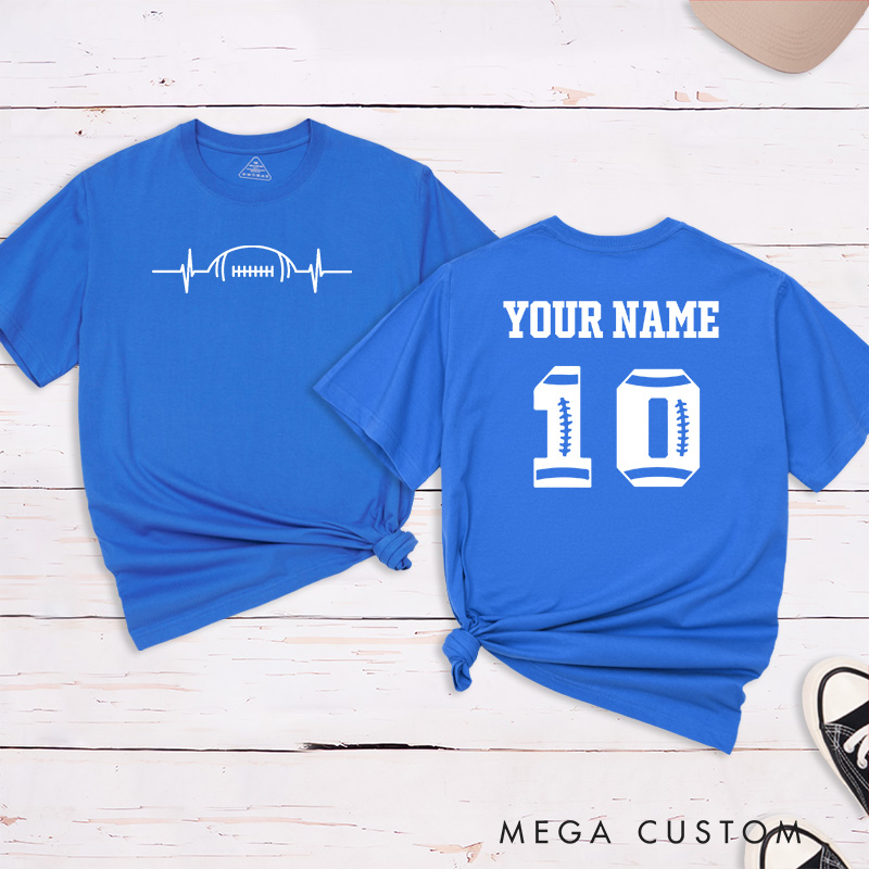 Personalized American Football and Rugby Heart Beat T-Shirts Featuring Custom Name and Number