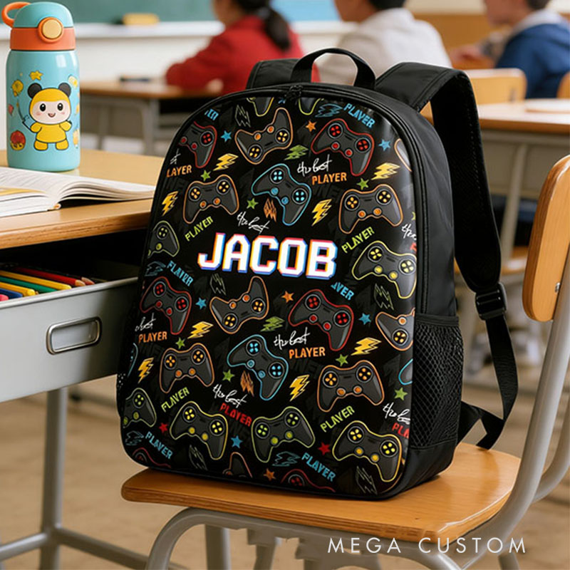 Personalized The Best Player Game Controller Backpack Custom Name for Kids and Game Lovers Birthday Black to School Christmas Gift