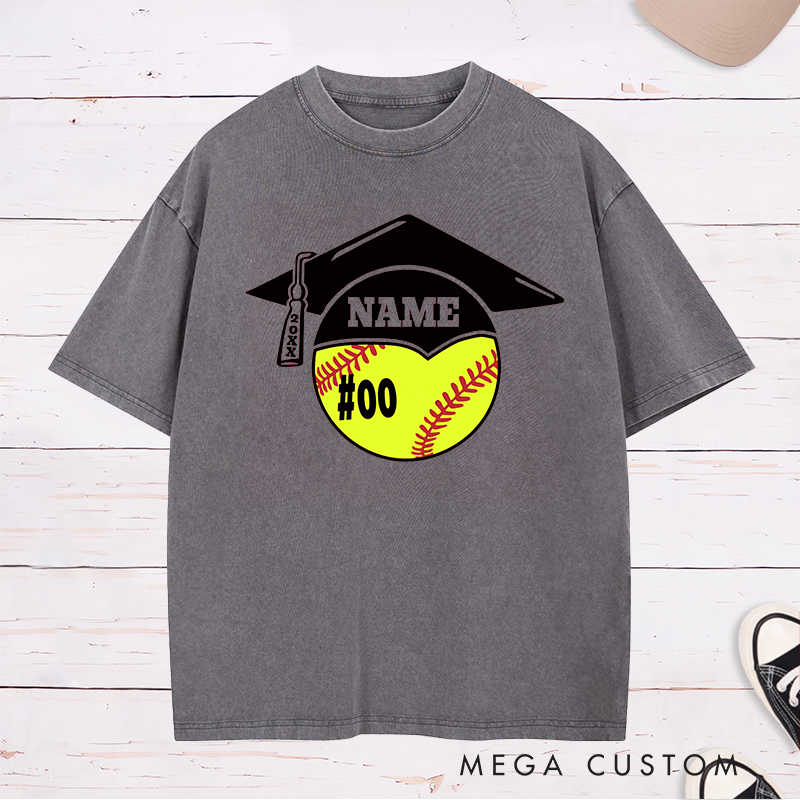 Personalized Graduation Softball Washed T-Shirt Design Featuring Custom Name Player Number Graduation Cap and Bat Graphic