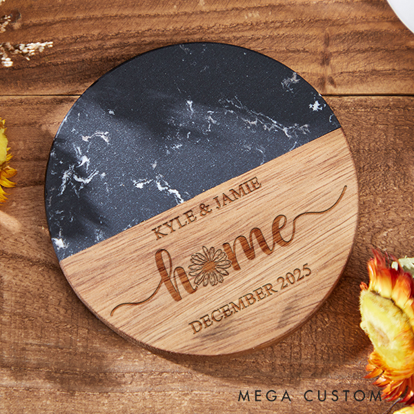Personalized Home Coaster Custom Marble Wooden Coaster Floral Script Home Coaster Housewarming Gifts New Home Gift Christmas Gifts Home Decor