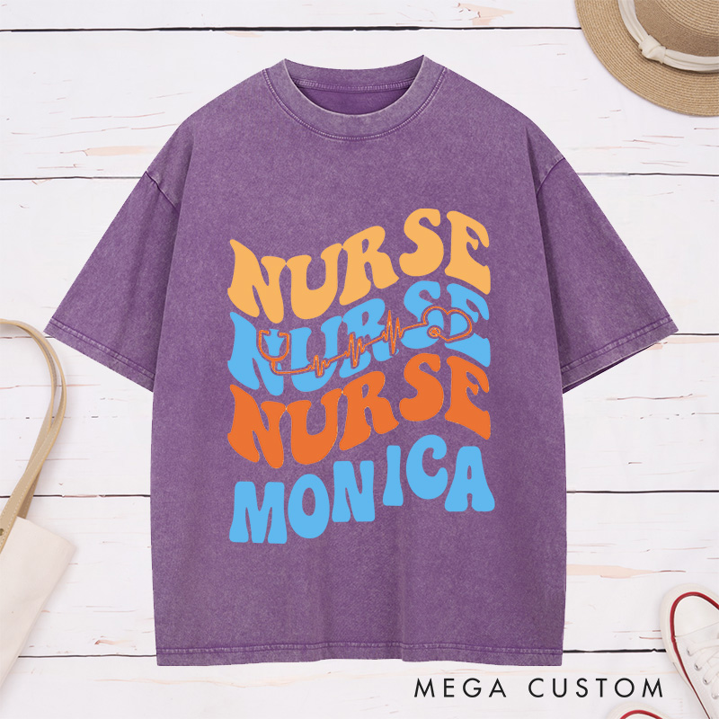 Personalized Nurse Washed T-Shirt Customized Heartbeat Nurse Design Washed T-Shirt 
