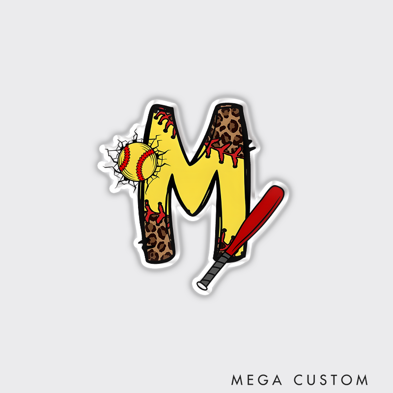 Personalized Softball Refrigerator Magnet with Custom Initial Name Leopard Print and Bat Design