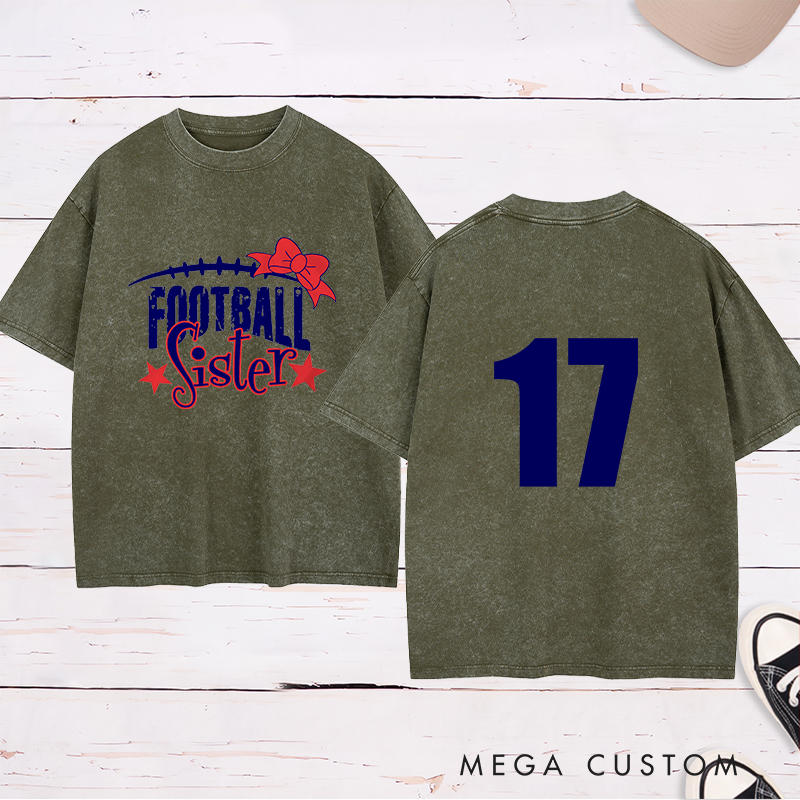 Personalized American Football and Rugby Bow Sister Washed T-Shirts with Custom Numbers