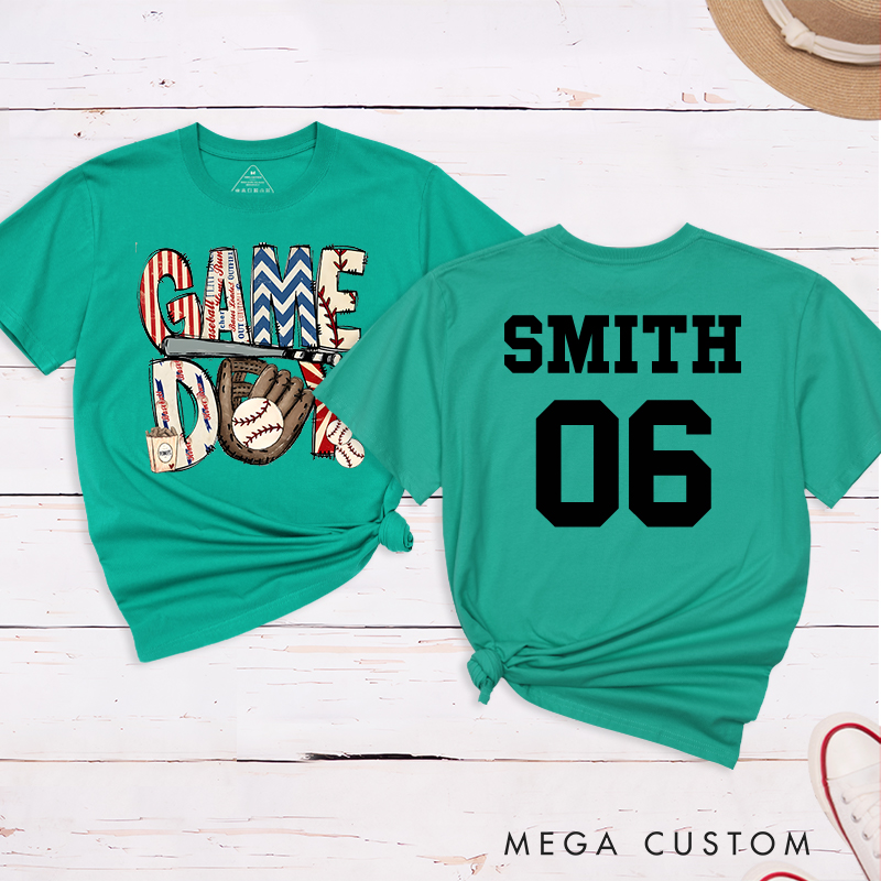 Personalized Patriotic "Game Day" Baseball T-Shirt with Custom Name and Number  