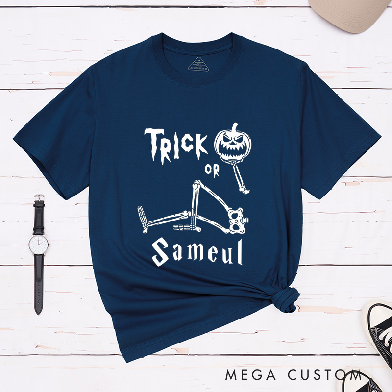 Personalized Halloween Trick or Treat Couple Matching Skeleton T-Shirt