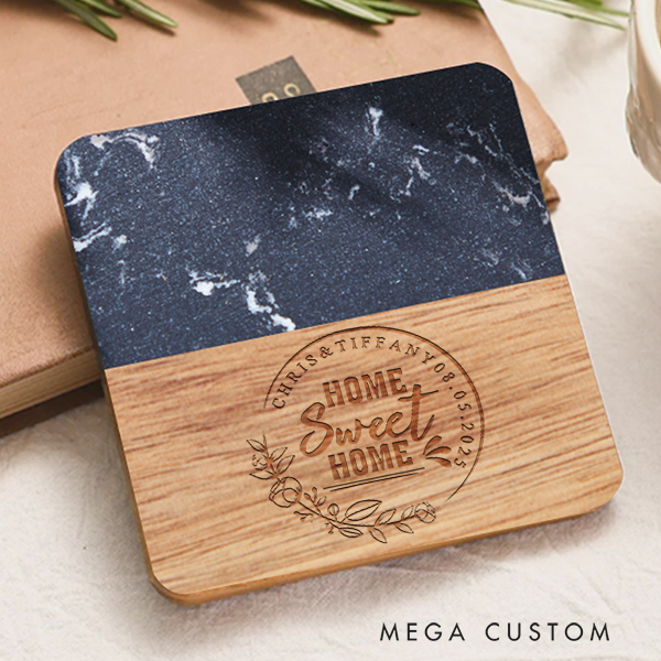 Personalized Engraved Marble and Wood Coaster Housewarming Gift New Home Gift for Couple Custom Wedding Coasters Moving Gifts Housewarming Party Gift