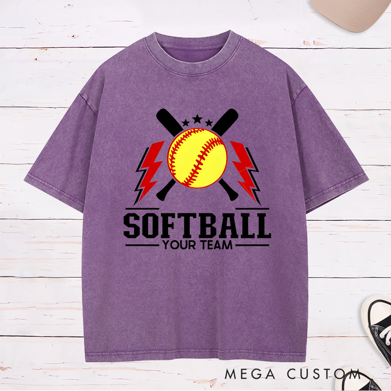 Personalized Softball Team Washed T-Shirt Design Featuring Customizable Team Name Bold Softball Graphics Crossed Bats and Striking Lightning Elements