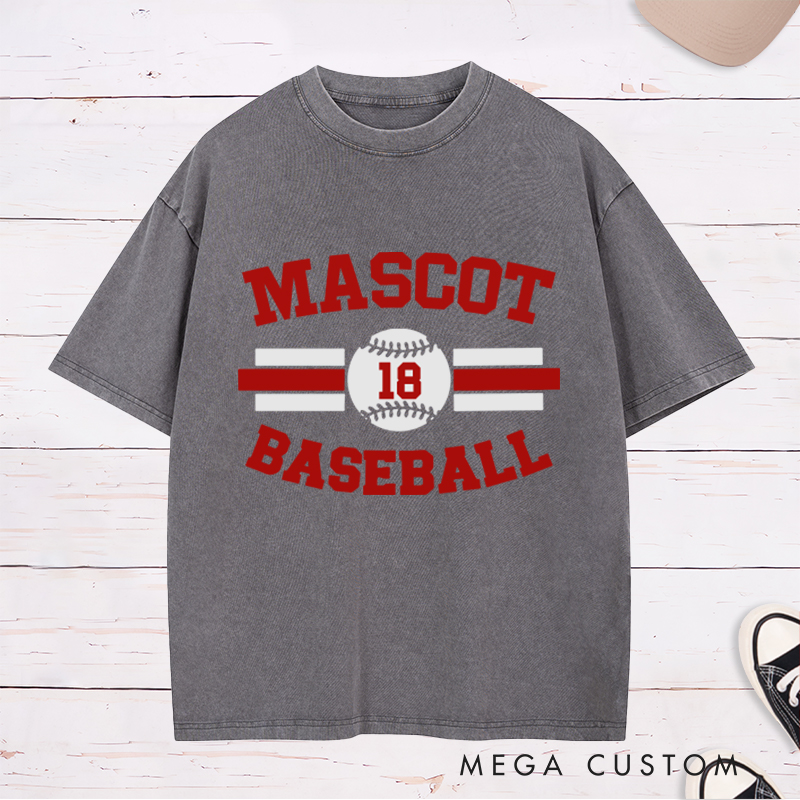 Personalized Baseball Washed T-Shirt with Custom Name and Striking Stripe and Ball Graphics