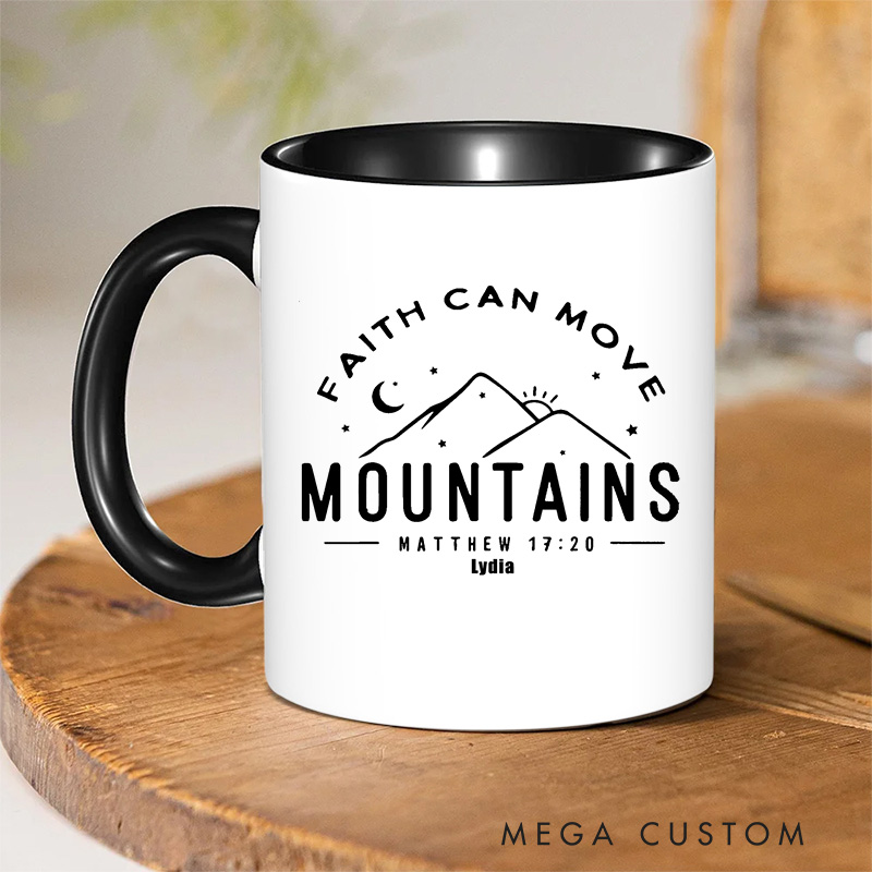 Personalized Faith Can Move Mountains Bible Verse Ceramic Inner Color Mug with Mountains and Stars Pattern Custom Name Mug Birthday Gift for Christians