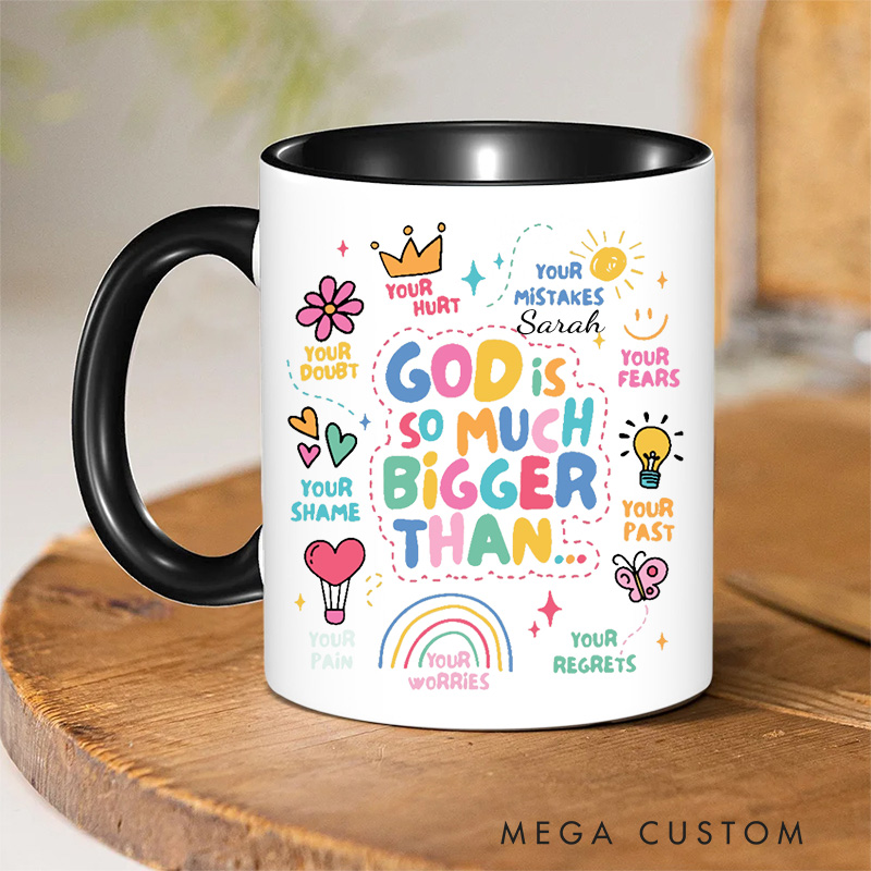 Personalized God Is Bigger Bible Verse Inner Color Ceramic Mug with Name Birthday Religious Inspirational Gift for Christian