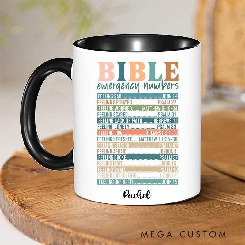 Personalized Multicolor Bible Emergency Numbers Ceramic Inner Color Mug with Name Religious Gift Birthday Gift for Women