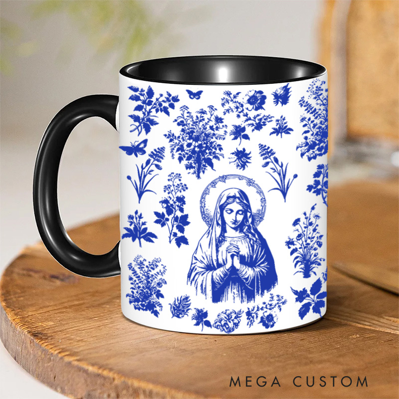Personalized Catholic Virgin Mary Toile De Jouy 11oz Ceramic Mug with Name Our Lady Coffee Cup Vintage Floral Marian Mug Christian Gift for Women