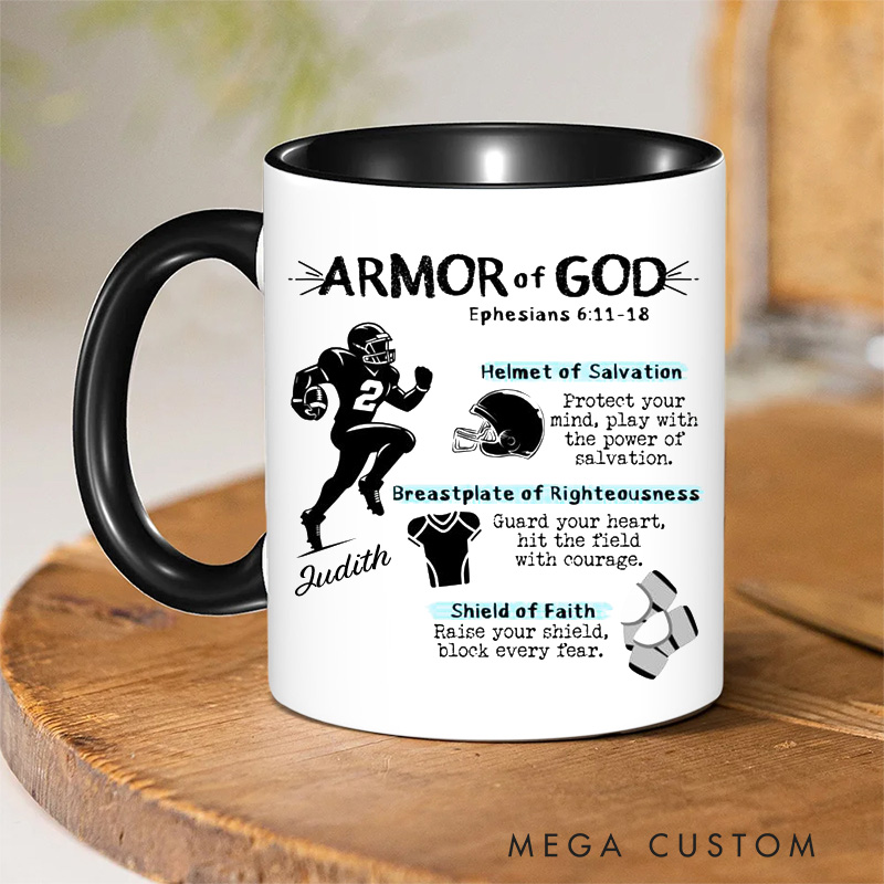 Personalized Armor of God for Football Ceramic Mug with Name Religious Inspirational Gift for Christians