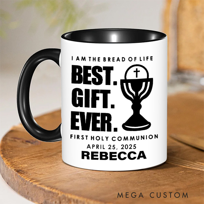 Personalized I am the Bread of Life 11oz Ceramic Mug with Name Funny Catholic Ceramic Inner Color Mug for Kids First Communion Gift for Godchild