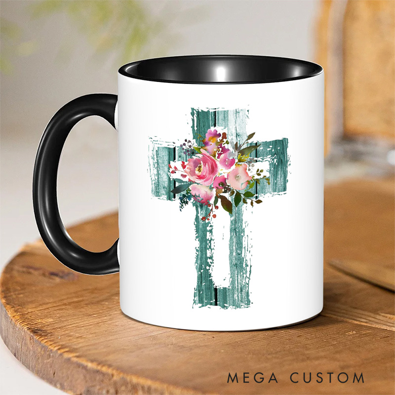 Personalized Pink Watercolor Florals and Teal Cross Christian Ceramic Inner Color Mug with Name Religious Gift Birthday Gift for Women