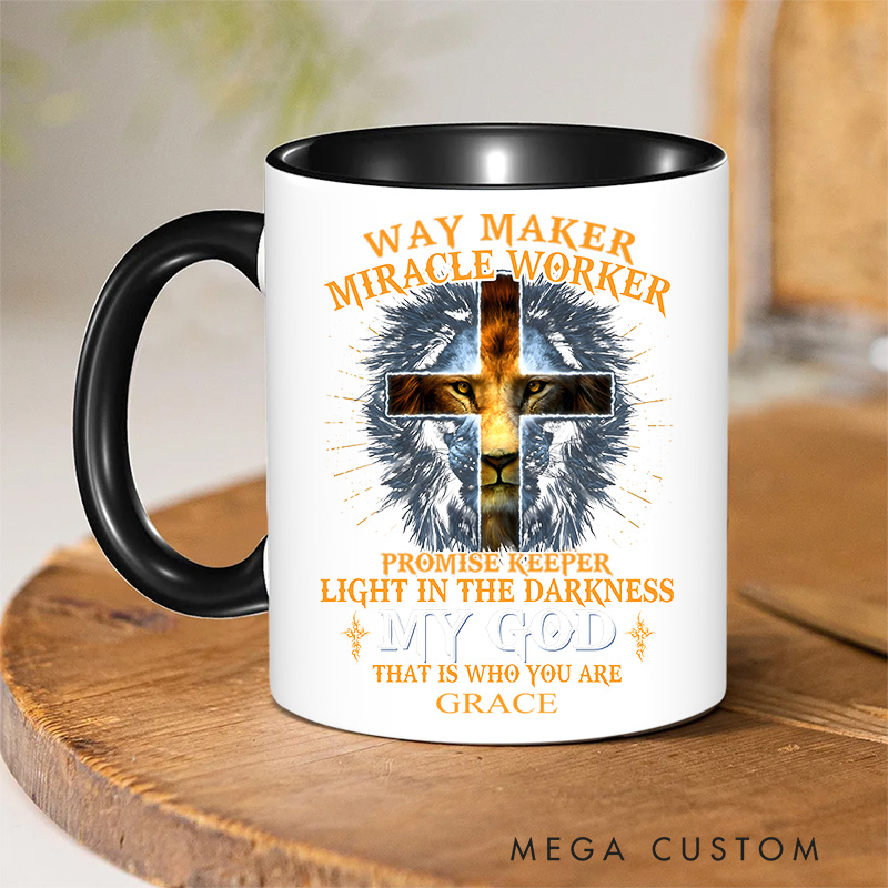 Personalized Cross Lion Bible Verse Inner Color Ceramic Mug with Name Birthday Religious Inspirational Gift for Christian