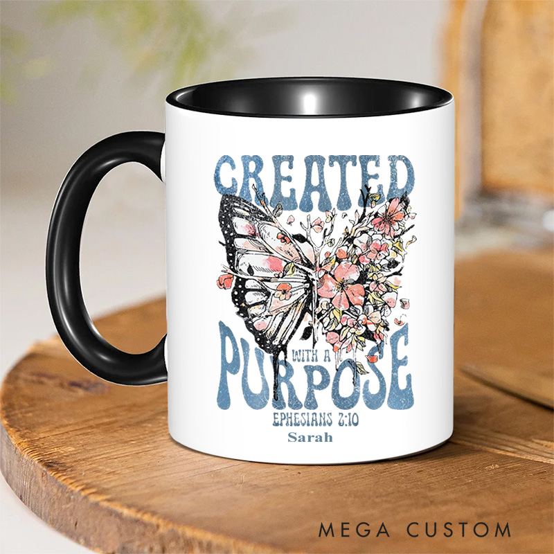 Personalized Created With a Purpose Bible Verse Christian Inner Color Ceramic Mug with Name Religious Gift Birthday Gift for Christian