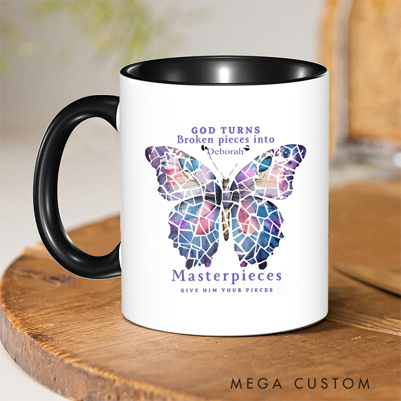 Personalized God Turns Broken Pieces Into Bible Verse Inner Color Ceramic Mug with Name Birthday Religious Inspirational Gift for Christian