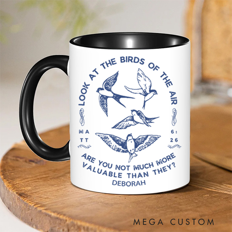 Personalized Matt 6:26 Bible Verse Inner Color Ceramic Mug with Name Birthday Christmas Gift for Christians Best Gift for Christians