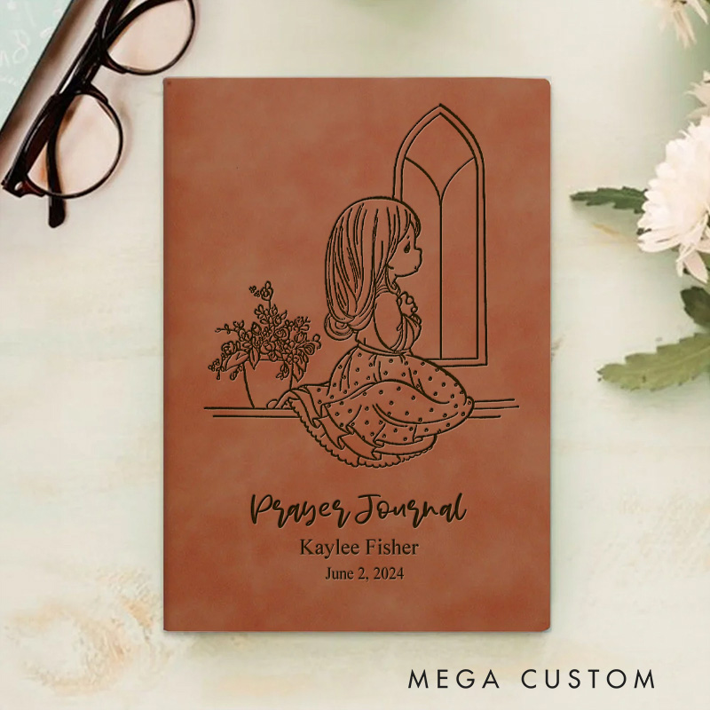 Personalized Little Girl at the Window Prayer Journal Leather A5 Notebook with Name and Date First Communion Birthday Gift for Girls