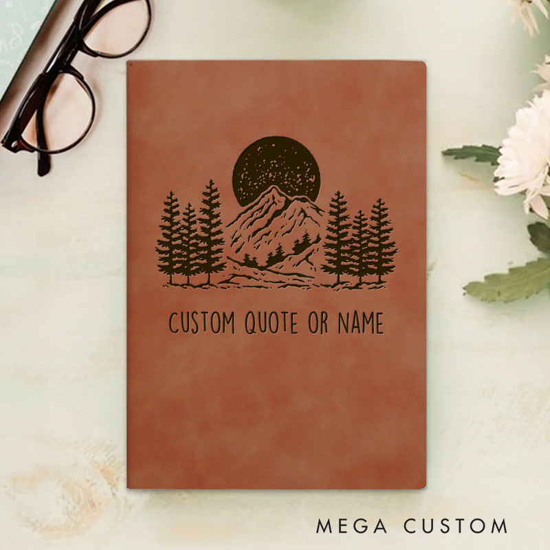 Personalized Mountain Under Moonlit Sky Christian Quote Journal Leather A5 Notebook with Name Religious Bible Verse Church Gift Back to School Gift