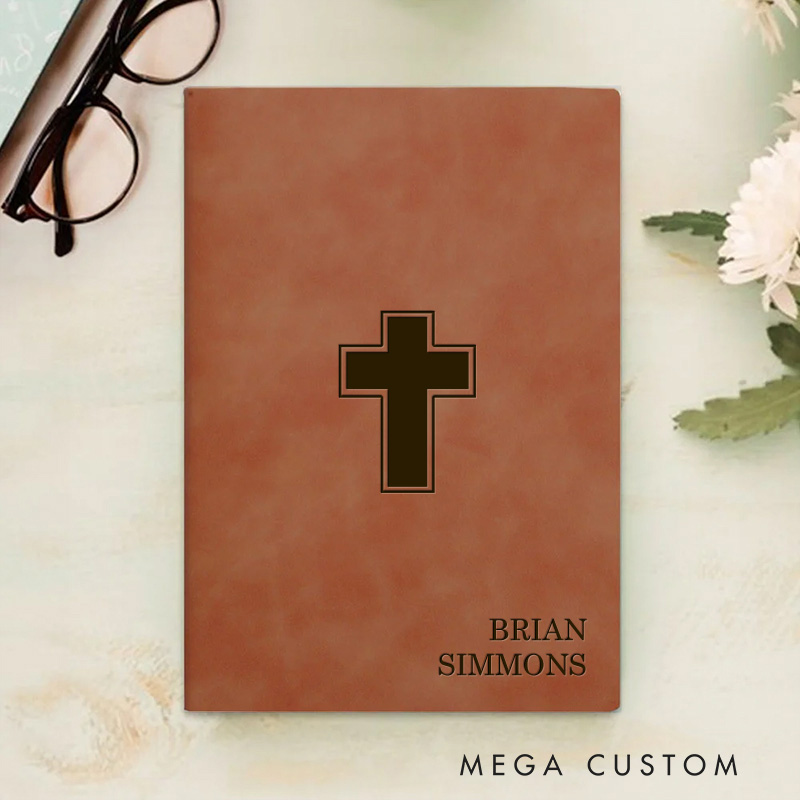 Personalized Cross Prayer Journal Leather A5 Notebook with Name Religious Bible Study Notebook First Communion Gifts Confirmation Gift Religious Gift