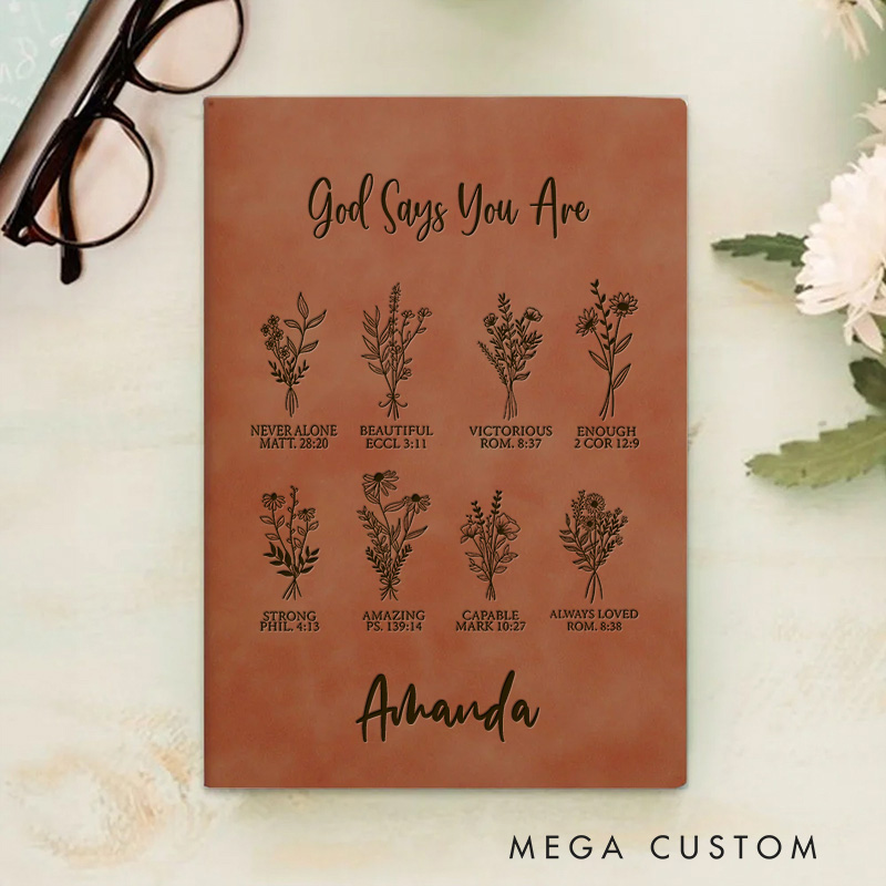 Personalized God Says You Are Prayer Journal Leather A5 Notebook with Name Custom Positive Affirmation Journal Religious Gift Christian Gift for Women