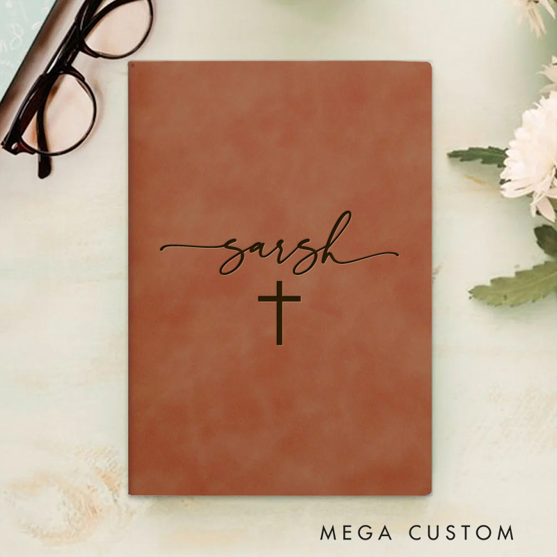 Personalized Cross Pattern Prayer Journal Leather A5 Notebook with Name Religious Gift Birthday Gift for Christian Baptism & Christening Gift